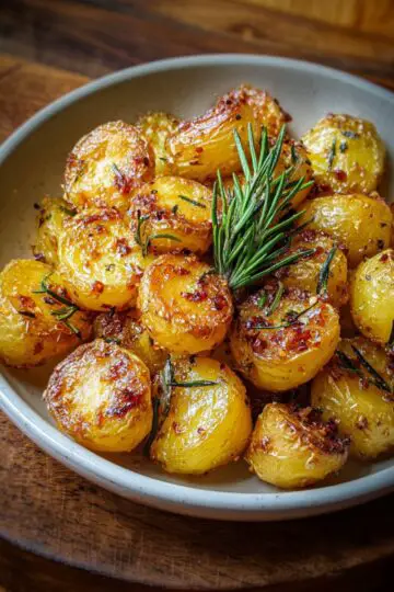 Crispy roast potatoes with golden brown exteriors, fresh rosemary sprigs, and perfectly caramelized edges served in a white ceramic bowl on wooden table