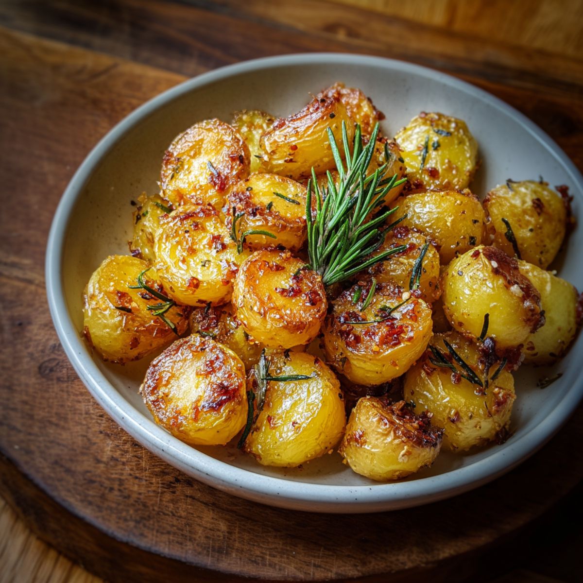 Crispy roast potatoes with golden brown exteriors, fresh rosemary sprigs, and perfectly caramelized edges served in a white ceramic bowl on wooden table