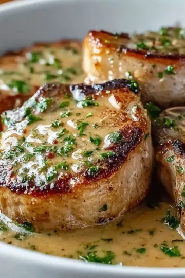 Crock pot pork chops with golden seared surfaces, creamy herb sauce, and fresh parsley garnish showing perfectly tender slow-cooked results in white ceramic dish