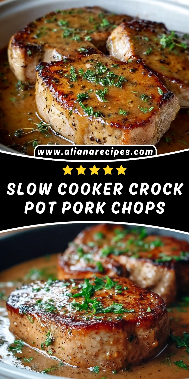 Crock pot pork chops with golden caramelized surfaces, rich herb sauce, and fresh parsley garnish showing perfectly tender slow-cooked results with beautiful searing marks