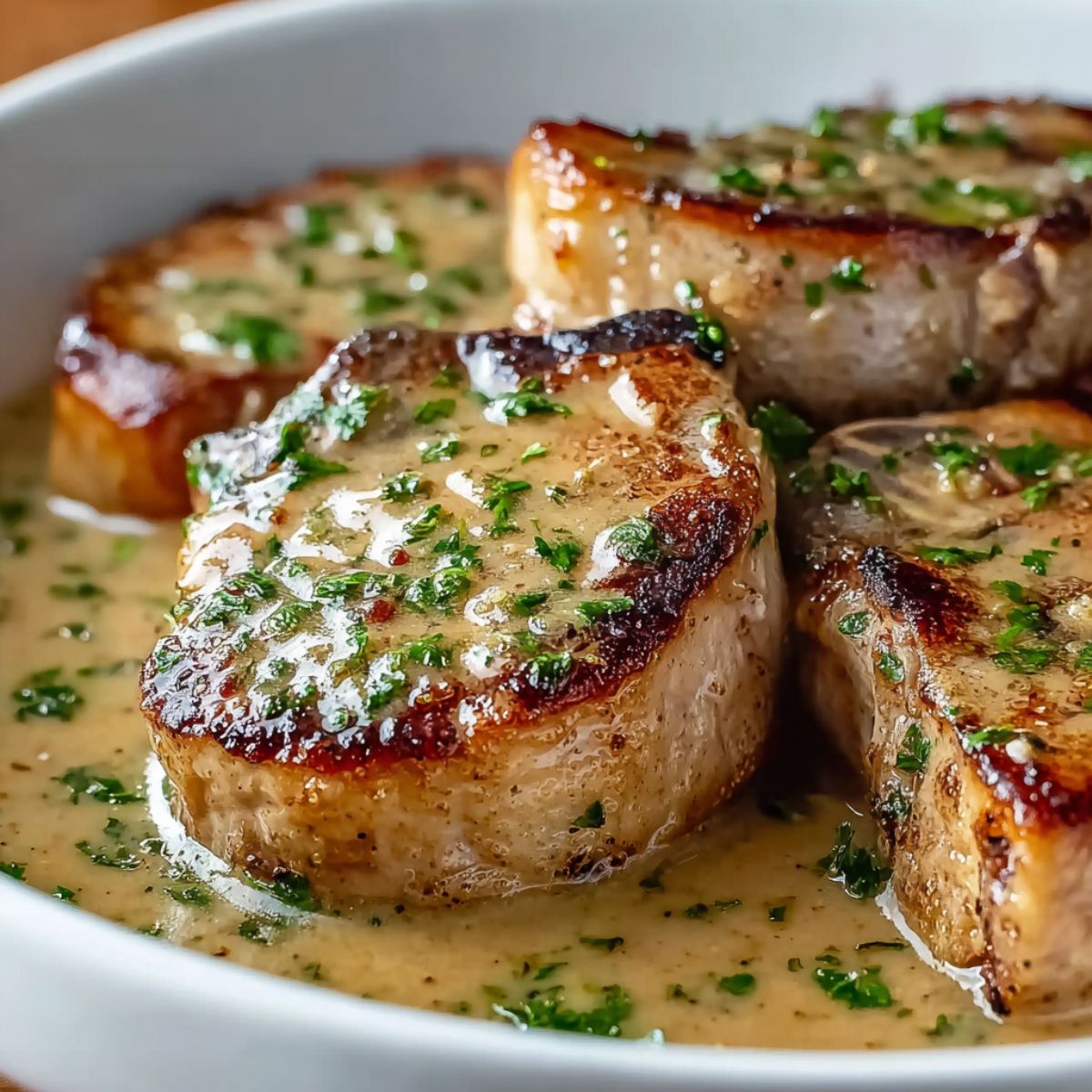 Crock pot pork chops with golden seared surfaces, creamy herb sauce, and fresh parsley garnish showing perfectly tender slow-cooked results in white ceramic dish