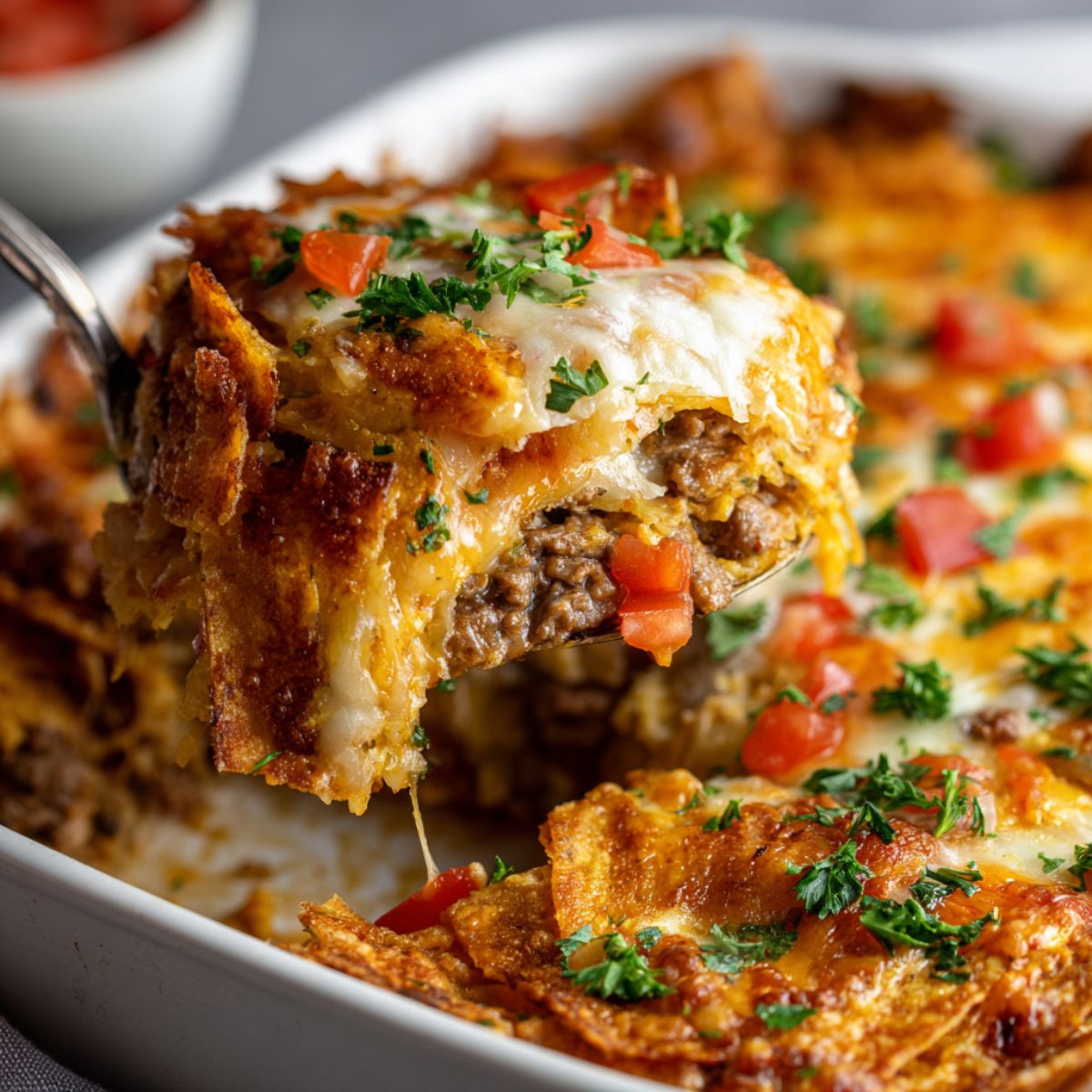 Dorito casserole close-up showing melted cheese stretching from fork with ground beef filling and crushed Doritos in white baking dish