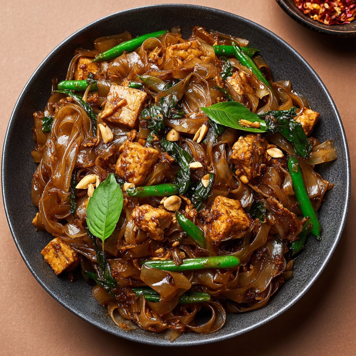 Drunken noodles close-up showing glossy wide rice noodles with tofu, fresh basil leaves, and green beans in black wok