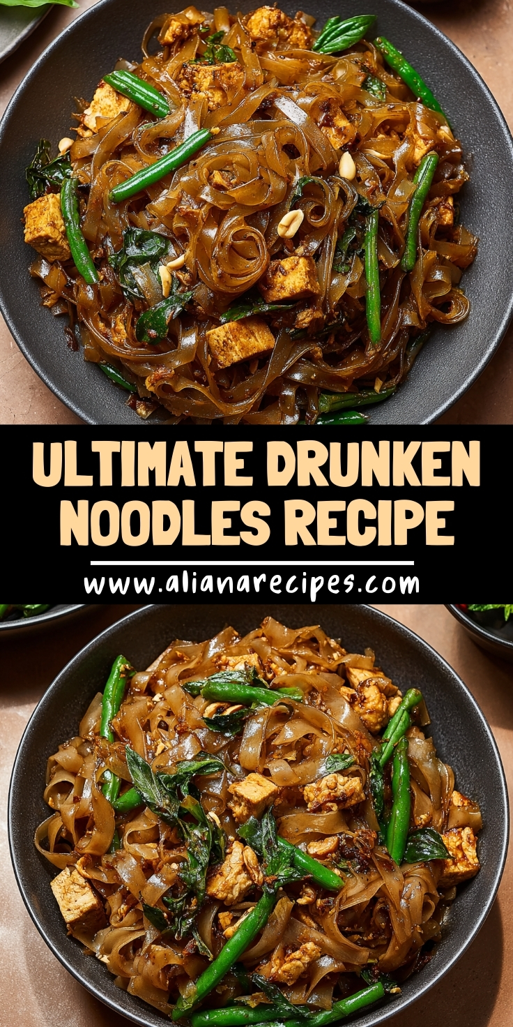 Drunken noodles with wide rice noodles, fresh basil, and vegetables in black wok with wooden utensils