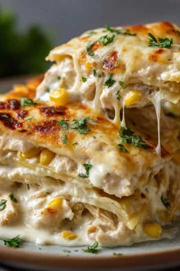 Enchilada casserole layered Mexican dish with melted cheese stretching from fork, showing corn, herbs, and golden bubbly top