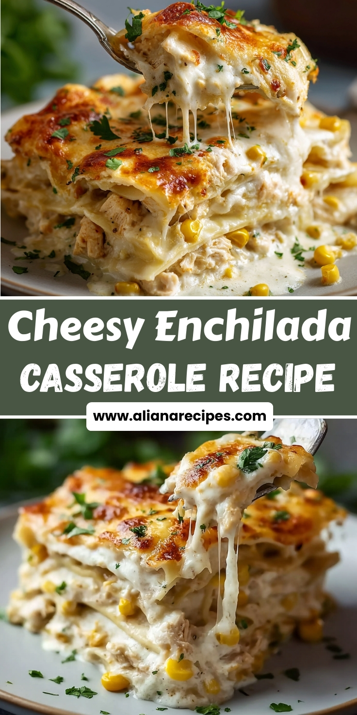 Enchilada casserole with melted cheese stretching from fork showing layered Mexican dish with corn, chicken, and golden bubbly top