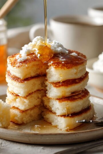 Fluffy pancakes stack with golden brown exterior, butter pat melting on top, maple syrup being poured over thick cloud-like pancakes on ceramic plate with coffee cups in background