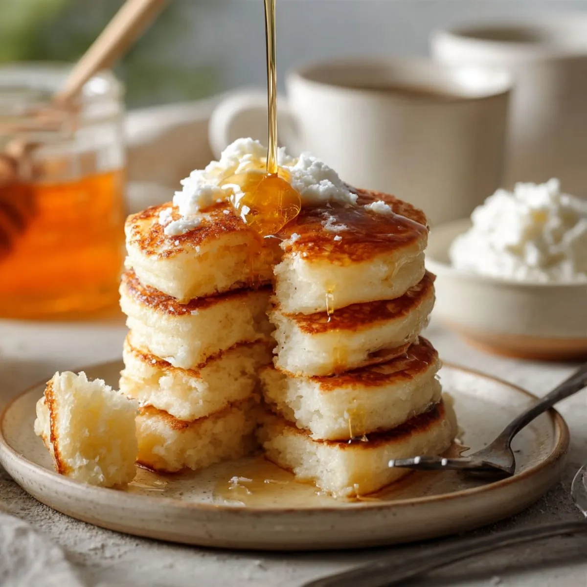 Fluffy pancakes stack with golden brown exterior, butter pat melting on top, maple syrup being poured over thick cloud-like pancakes on ceramic plate with coffee cups in background