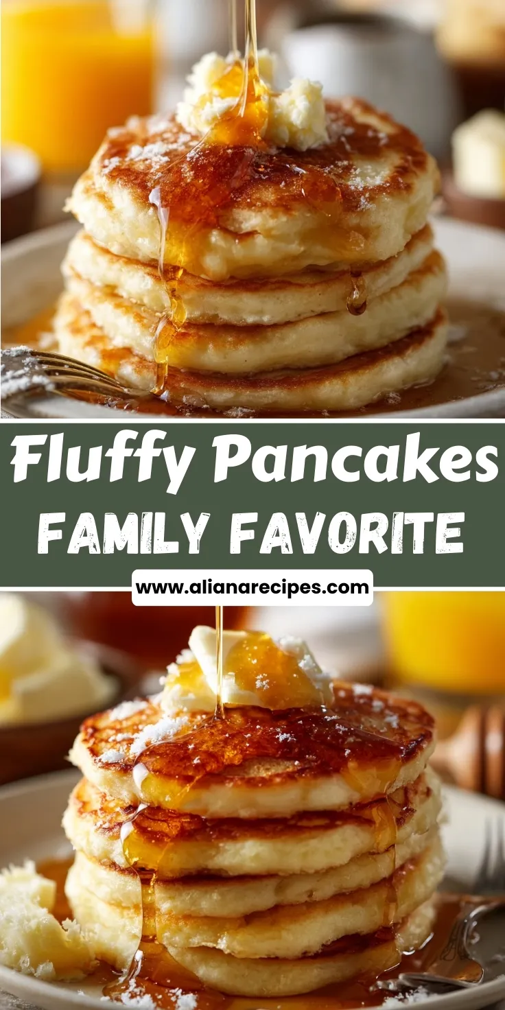 Fluffy pancakes stack with golden brown exterior, butter pat melting on top, maple syrup being poured over thick cloud-like pancakes with family favorite text overlay and website branding