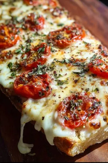 French bread pizza close-up showing bubbly melted cheese with roasted tomatoes and herbs on wooden cutting board