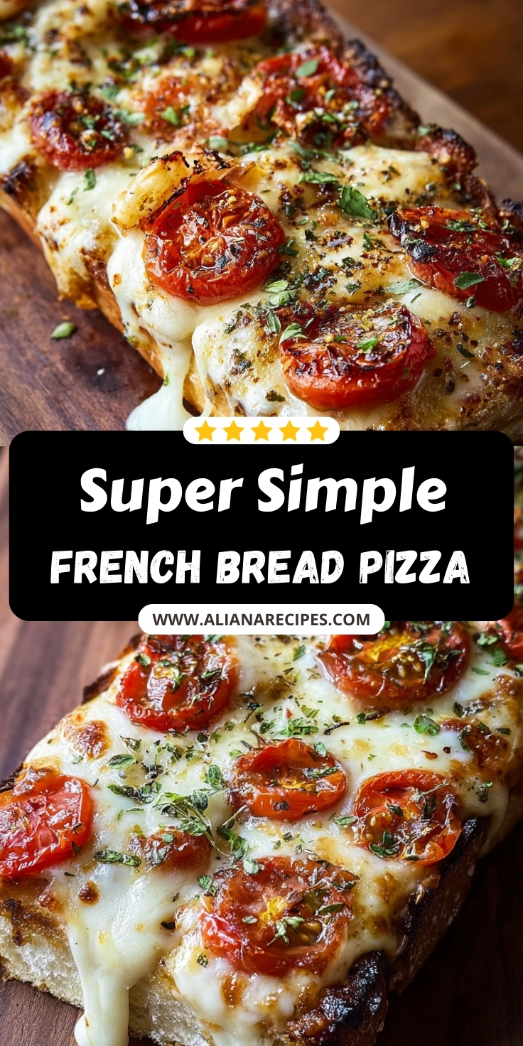 French bread pizza with melted cheese and cherry tomatoes topped with fresh herbs on wooden cutting board