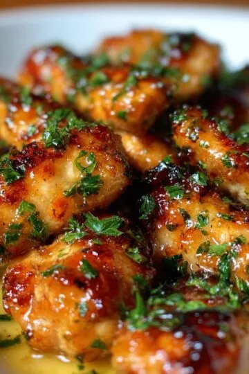 Garlic butter chicken bites with golden caramelized surfaces, rich garlic butter sauce coating, and fresh parsley garnish showing perfectly tender juicy chicken pieces with glossy sauce