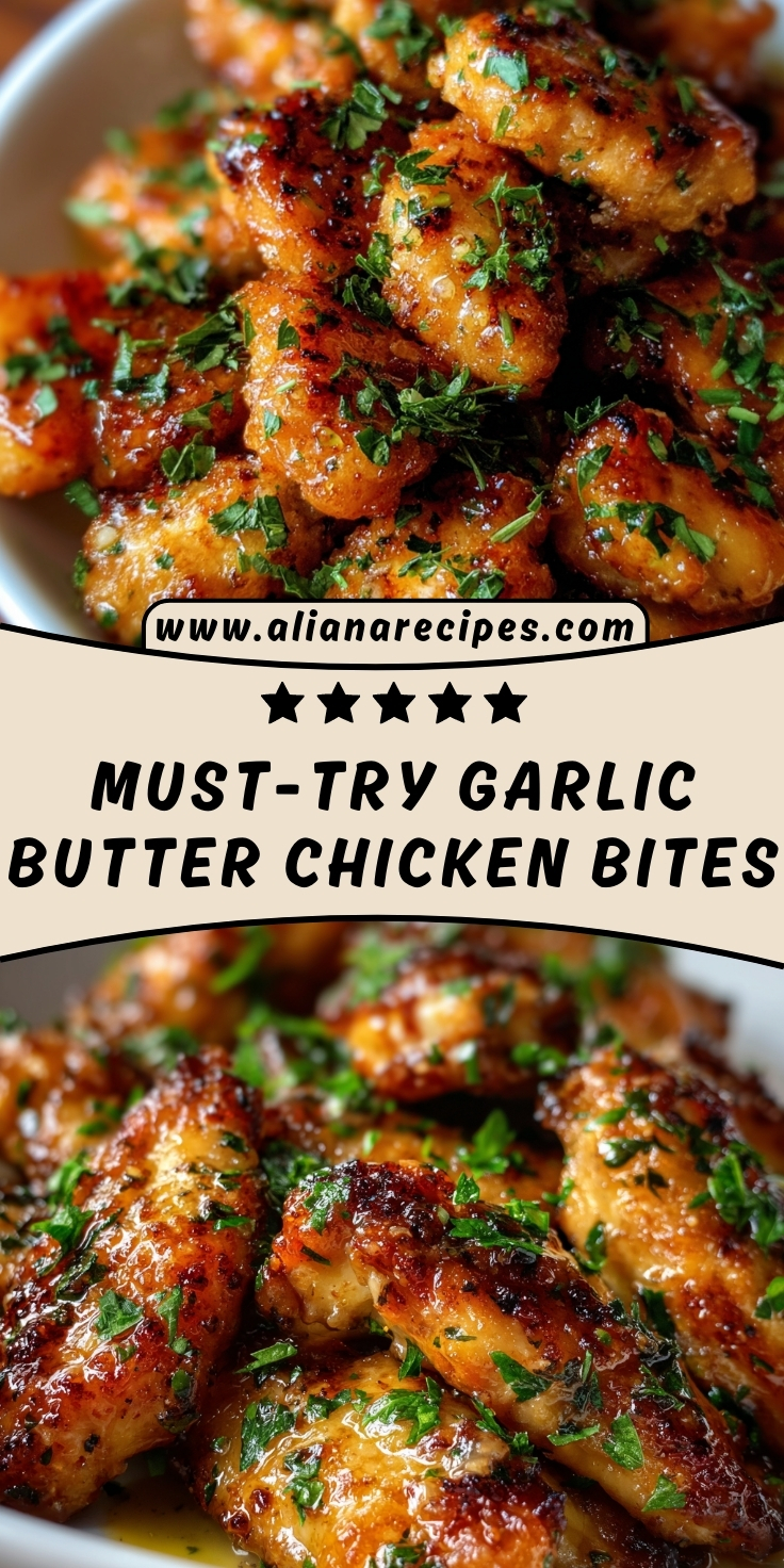 Garlic butter chicken bites with golden caramelized coating, rich garlic butter glaze, and fresh parsley showing perfectly seared tender chicken pieces with glossy savory sauce