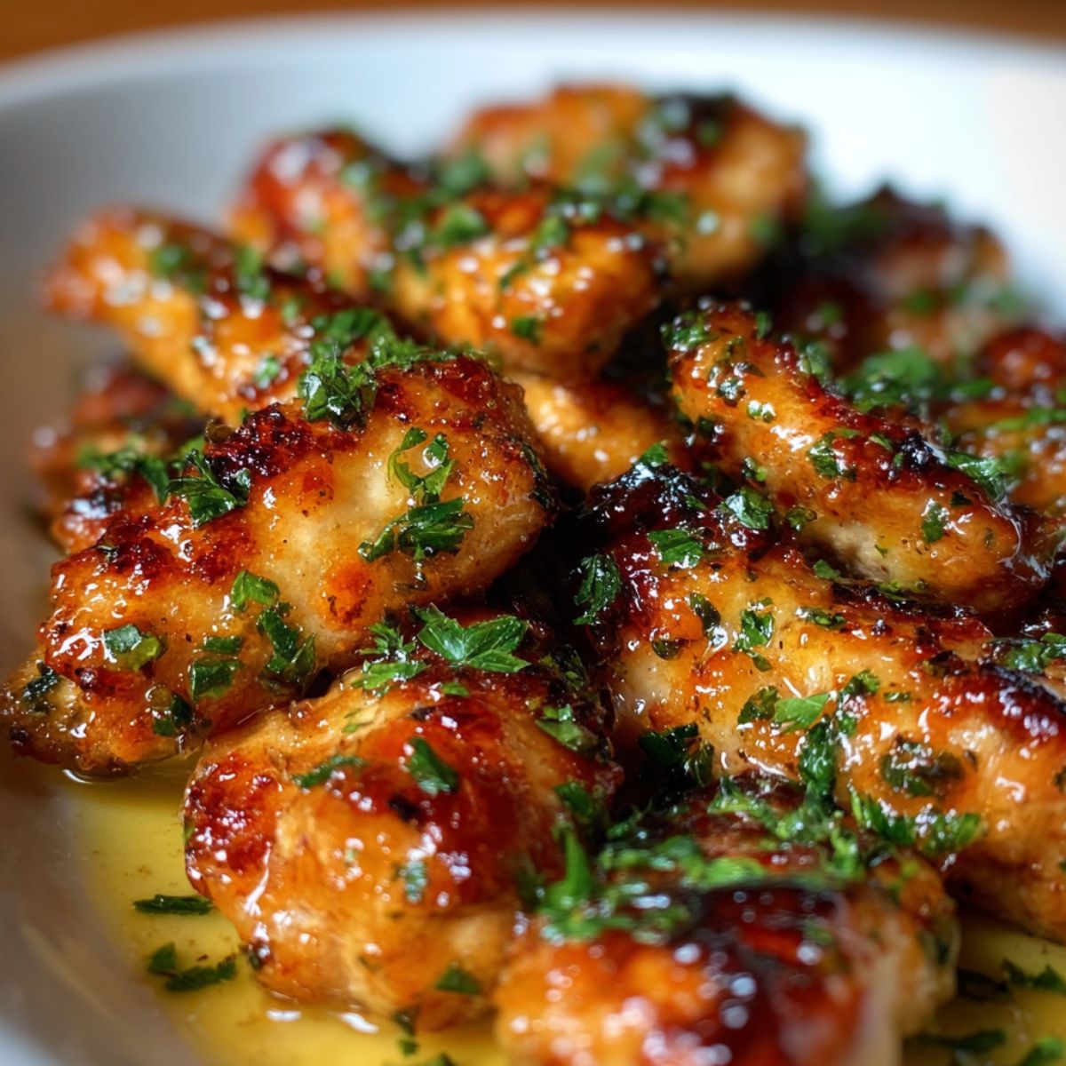 Garlic butter chicken bites with golden caramelized surfaces, rich garlic butter sauce coating, and fresh parsley garnish showing perfectly tender juicy chicken pieces with glossy sauce