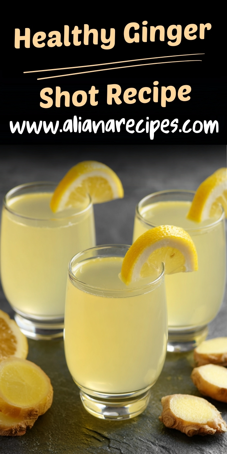 Ginger shot recipe three glasses with golden yellow wellness drinks garnished with lemon wheels and fresh ginger slices on dark background
