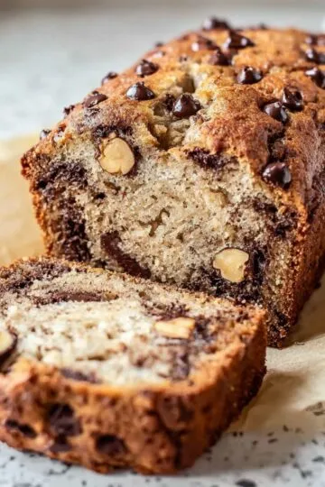 Gluten free banana bread close-up showing dense moist texture with chocolate chips and nuts scattered on parchment paper