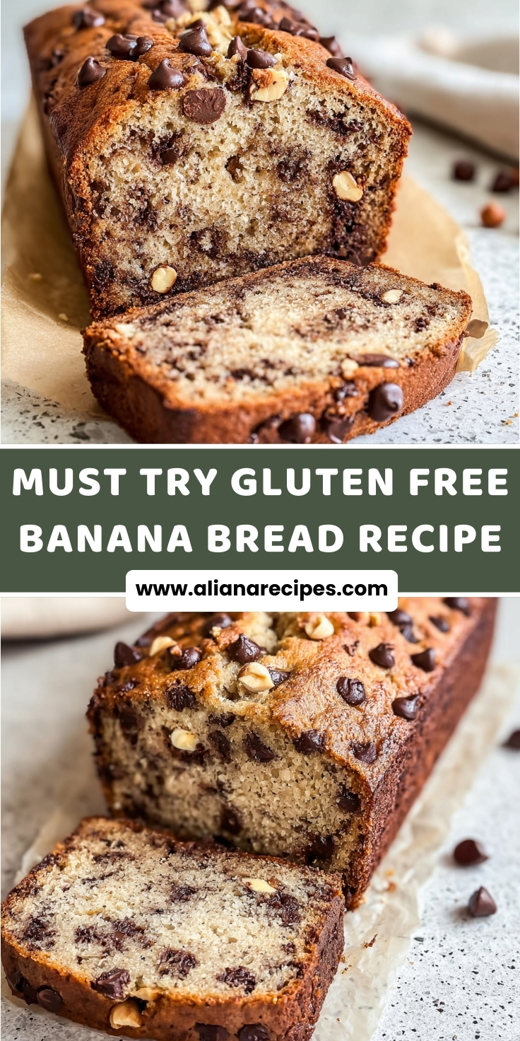 Gluten free banana bread sliced showing moist texture with chocolate chips and nuts on parchment paper