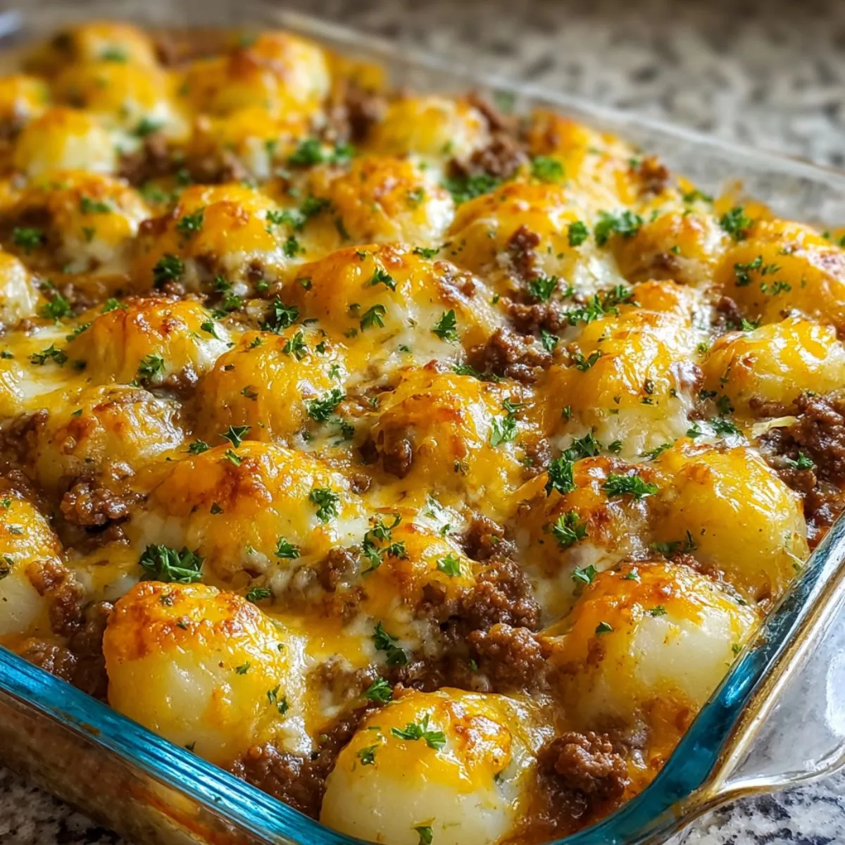 Ground beef casserole close-up showing golden melted cheese layers with tater tots and fresh parsley garnish in glass baking dish
