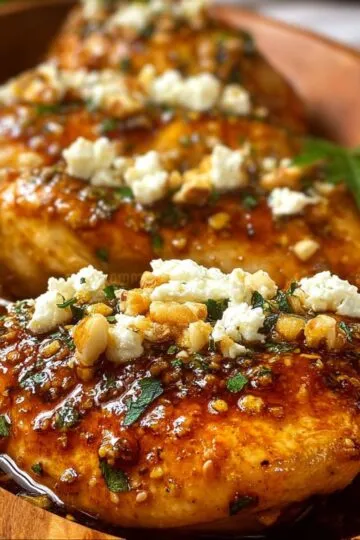 Honey infused feta chicken golden seared chicken breast topped with crumbled white feta cheese fresh herbs and honey glaze on wooden serving board