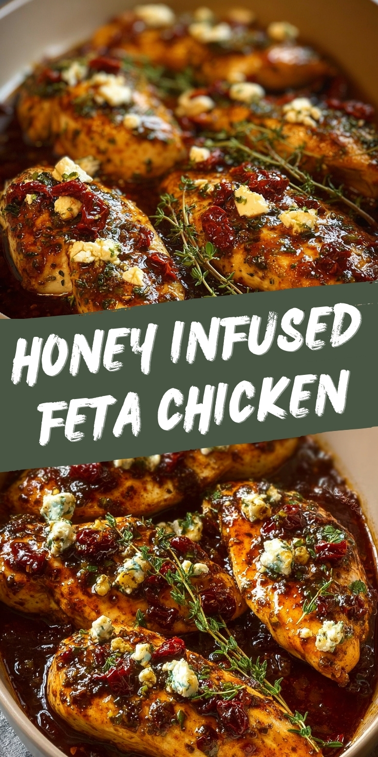 Honey infused feta chicken glazed golden brown chicken breasts in cast iron skillet topped with crumbled feta cheese and fresh thyme herbs
