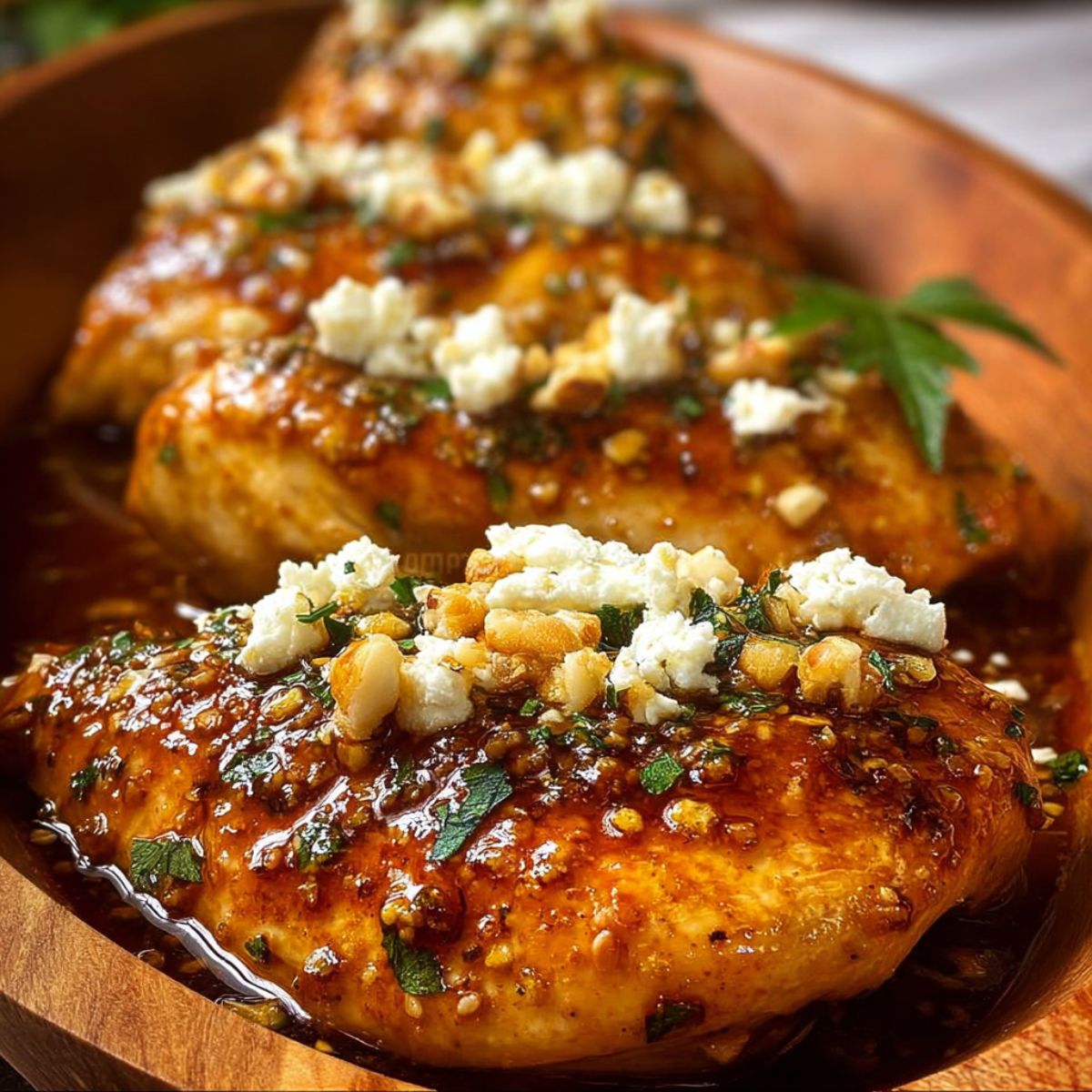 Honey infused feta chicken golden seared chicken breast topped with crumbled white feta cheese fresh herbs and honey glaze on wooden serving board