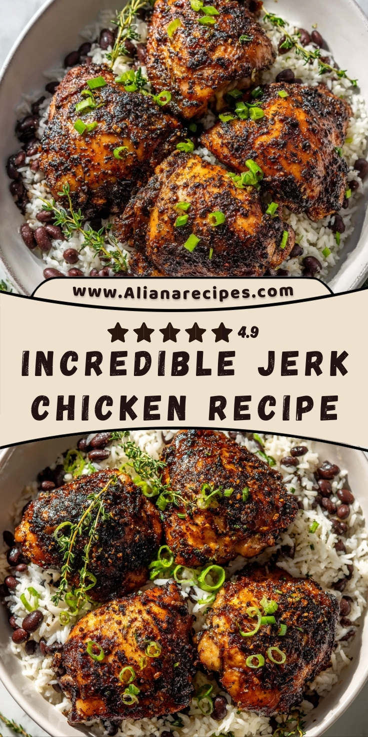 Jerk chicken recipe spiced grilled thighs with blackened crust served over white rice and red kidney beans with green onions and fresh thyme