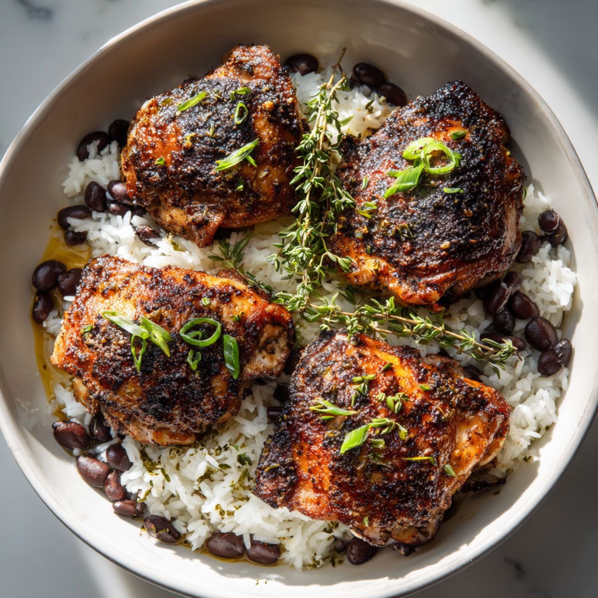 Jerk chicken recipe grilled thighs with dark spice crust served over coconut rice and black beans with fresh thyme garnish