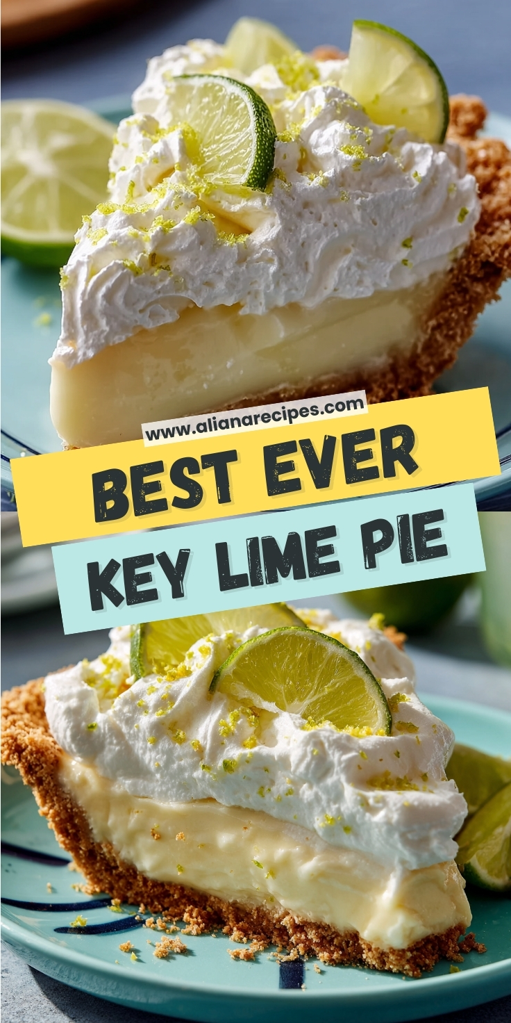 Key lime pie whole dessert with whipped cream swirls, lime slices, and golden graham cracker crust ready to serve