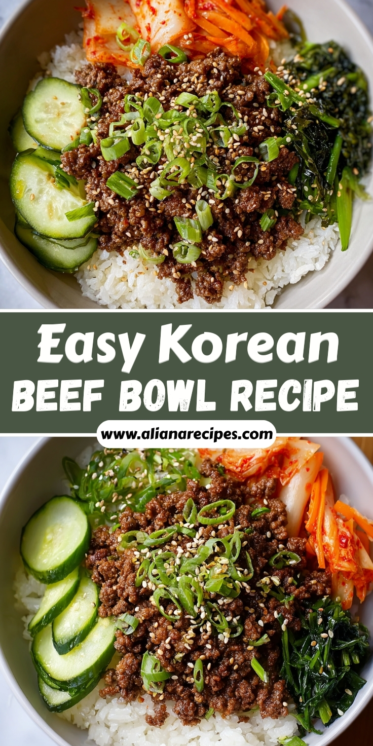 A Korean beef bowl recipe with ground beef, rice, and fresh vegetables in a white bowl on a blue tablecloth.