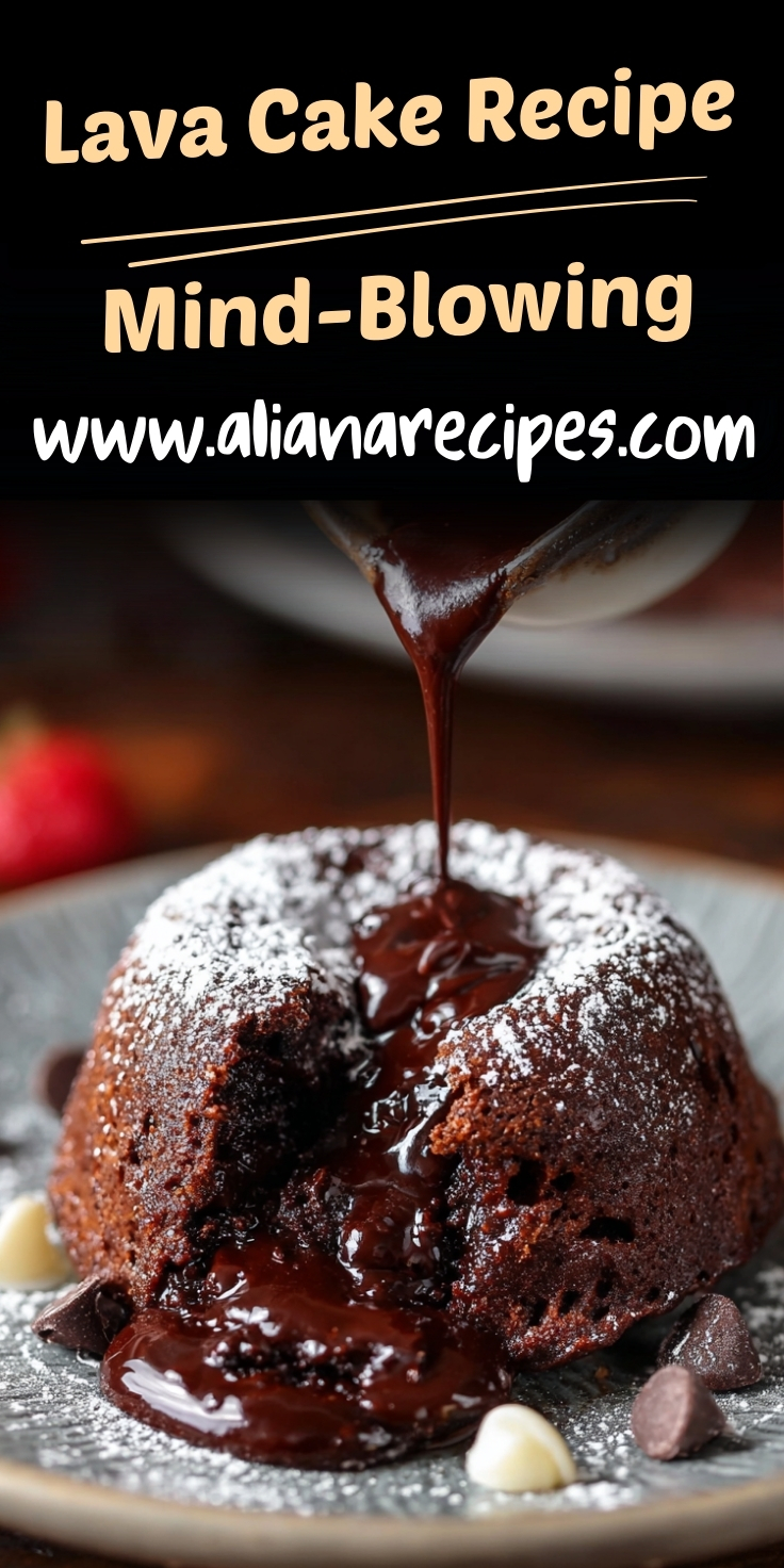 Lava cake recipe individual chocolate dessert with molten center flowing out, dusted with powdered sugar on dark slate surface