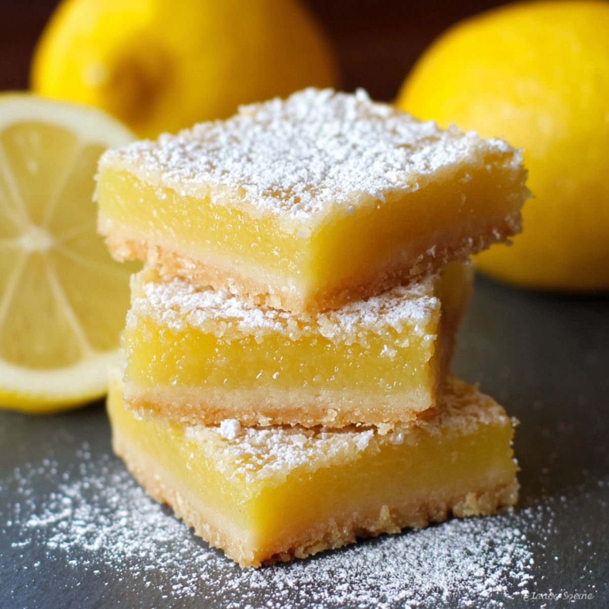 Lemon bars stacked showing bright yellow lemon curd filling and buttery shortbread crust dusted with powdered sugar with fresh lemons in background
