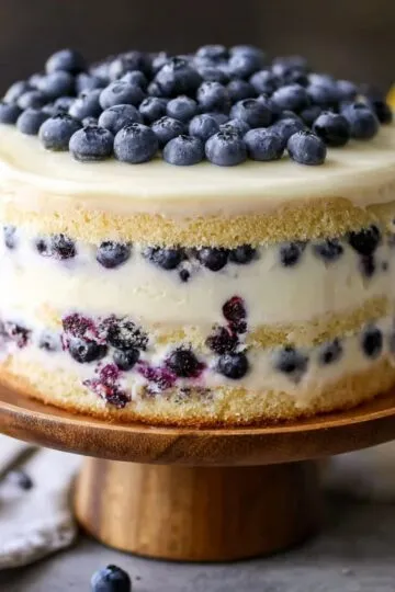 Lemon blueberry cake cross-section showing moist layers with fresh blueberries and cream cheese frosting on wooden cake stand