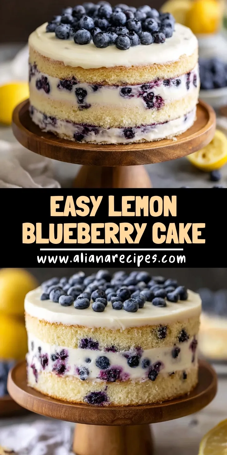 Lemon blueberry cake with cream cheese frosting topped with fresh blueberries on wooden cake stand