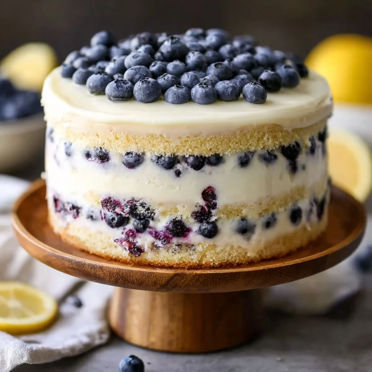 Lemon blueberry cake cross-section showing moist layers with fresh blueberries and cream cheese frosting on wooden cake stand
