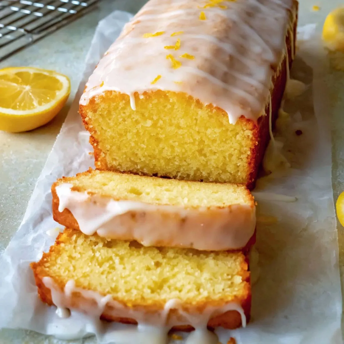 lemon cake glazed loaf with two slices cut, showing a moist, fluffy texture, garnished with fresh lemon zest and a lemon on a marble surface.