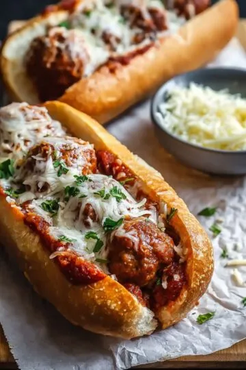 Meatball subs loaded with juicy meatballs in marinara sauce topped with melted cheese and fresh herbs on crusty sub rolls