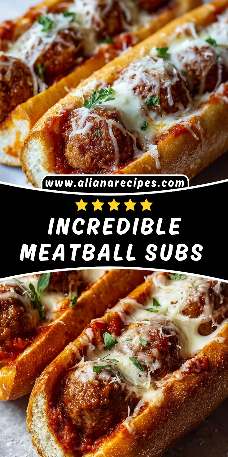 Meatball subs showing golden crusty bread filled with juicy meatballs in marinara sauce topped with melted mozzarella cheese and fresh parsley