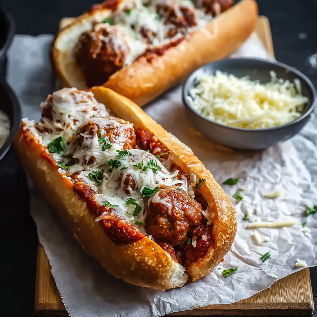 Meatball subs loaded with juicy meatballs in marinara sauce topped with melted cheese and fresh herbs on crusty sub rolls