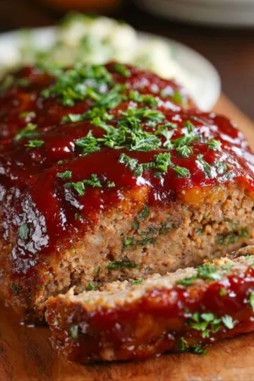 Meatloaf Recipe slice showing tender, juicy texture with glossy ketchup glaze and fresh parsley garnish on wooden cutting board displaying perfect homestyle comfort food