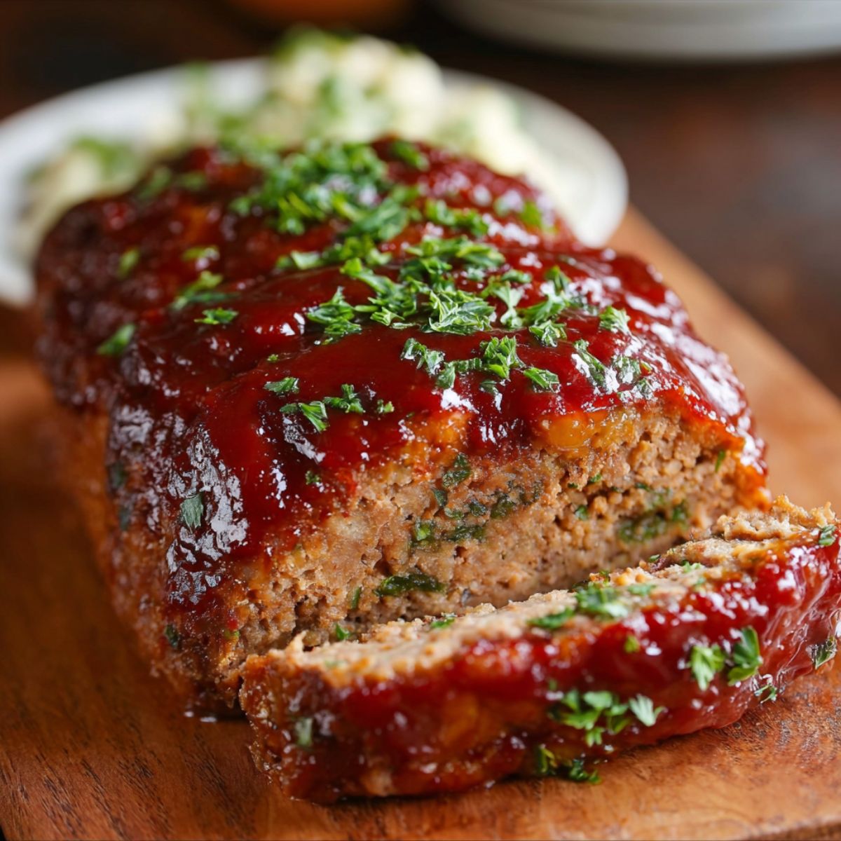 Meatloaf Recipe slice showing tender, juicy texture with glossy ketchup glaze and fresh parsley garnish on wooden cutting board displaying perfect homestyle comfort food