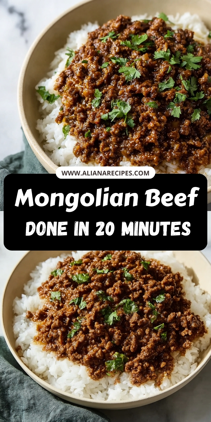 Mongolian beef served over white rice in a bowl with fresh herbs garnish