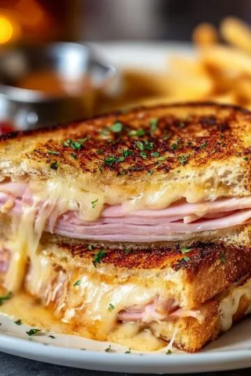 Monte Cristo sandwich golden crispy bread with melted Swiss cheese ham and turkey filling on white plate