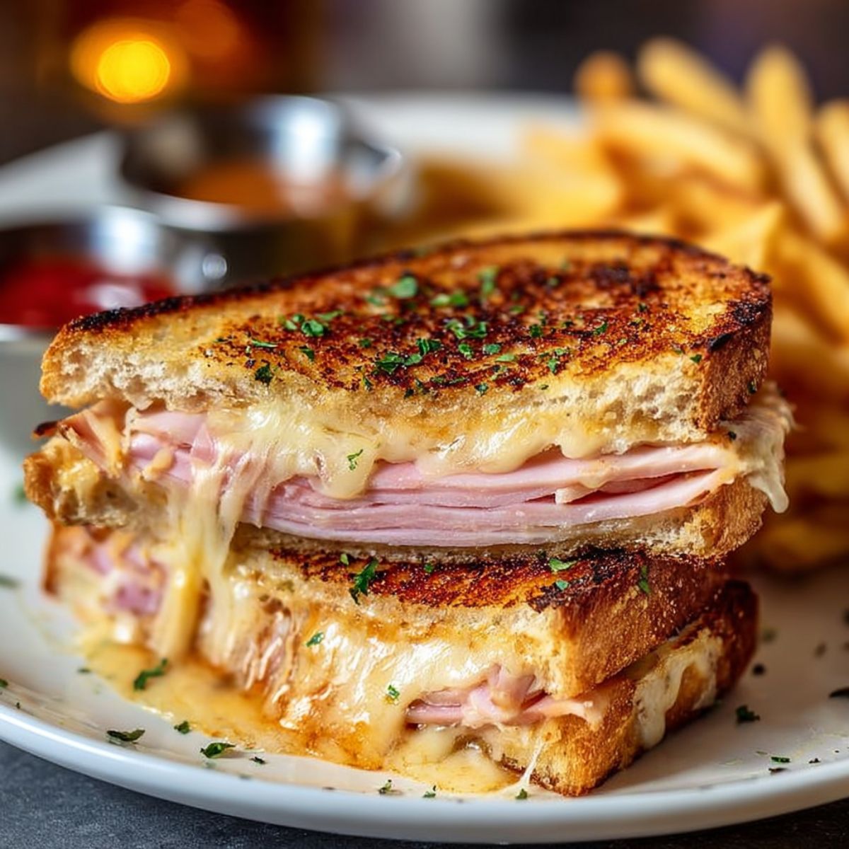 Monte Cristo sandwich golden crispy bread with melted Swiss cheese ham and turkey filling on white plate