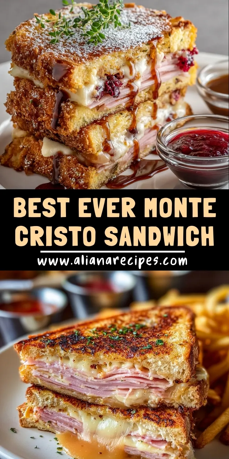 Monte Cristo sandwich stacked golden crispy French toast style bread with powdered sugar ham cheese and raspberry jam on side