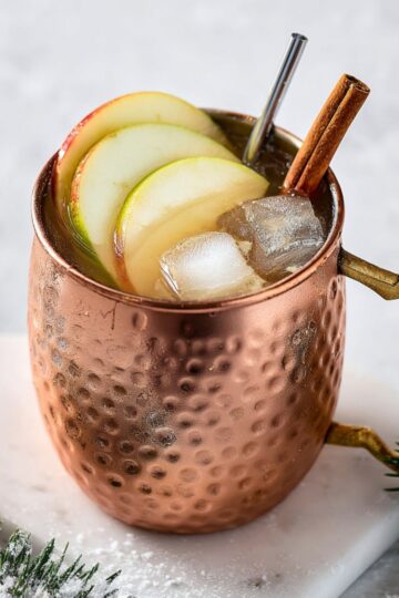 Moscow mule recipe with apple slices and cinnamon sticks in hammered copper mug with ice on winter background
