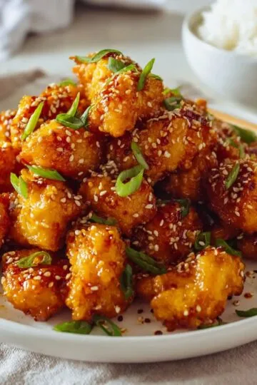 Orange chicken recipe crispy glazed chicken pieces with sesame seeds and green onions garnish served on white plate with chopsticks