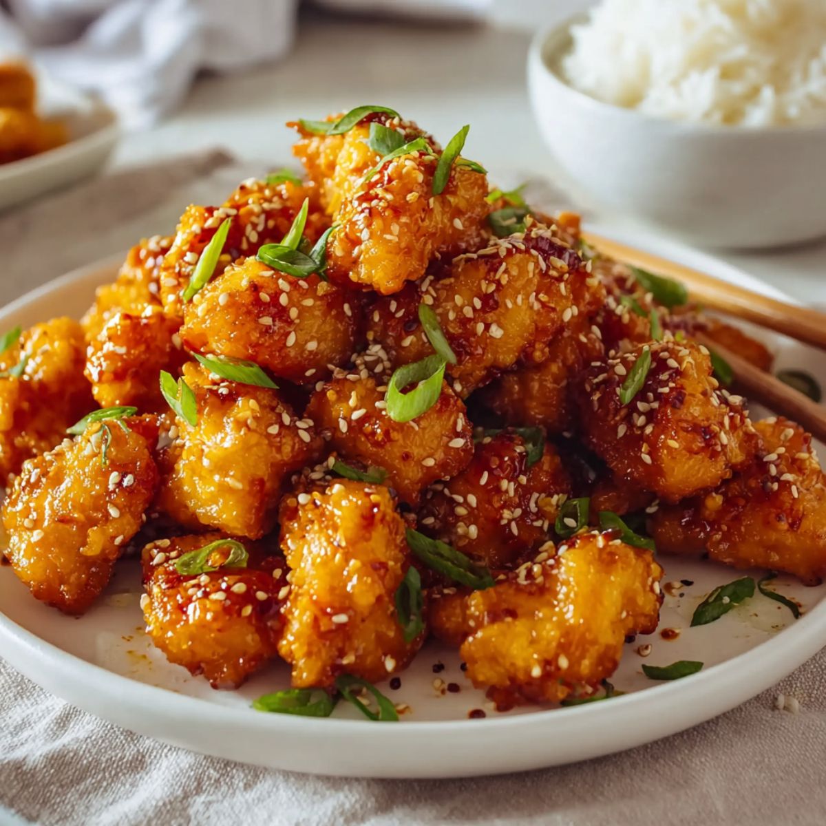Orange chicken recipe crispy glazed chicken pieces with sesame seeds and green onions garnish served on white plate with chopsticks