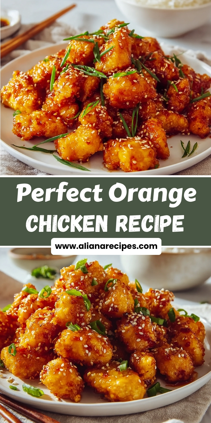 Orange chicken recipe golden crispy chicken pieces coated in glossy orange sauce with sesame seeds and green onion garnish on white plate