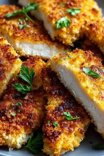 Parmesan crusted chicken sliced to reveal perfectly cooked juicy interior with golden brown crispy coating and fresh parsley garnish on dark plate