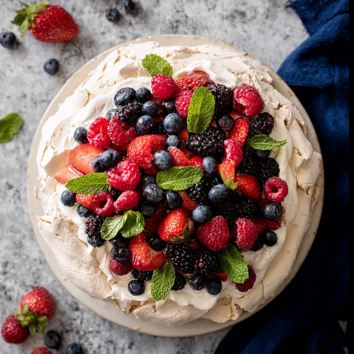 Pavlova crispy meringue dessert topped with fresh mixed berries strawberries blueberries raspberries and mint leaves on white cream